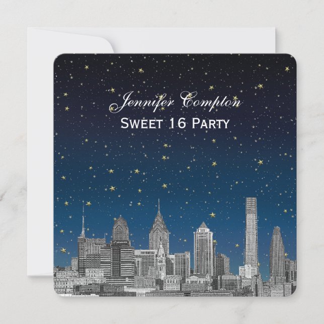 Invitación Philadelphia Skyline Etch Blue Starry Sweet 16 H (Anverso)
