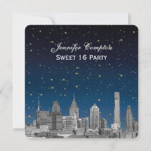Invitación Philadelphia Skyline Etch Blue Starry Sweet 16 H