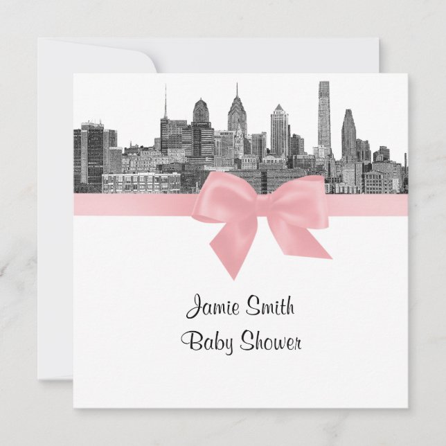 Invitación Philadelphia Skyline Etch BW Baby Shower rosa (Anverso)