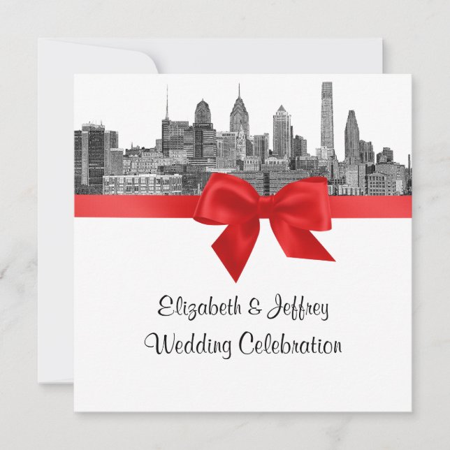 Invitación Philadelphia Skyline Etch BW Boda rojo (Anverso)