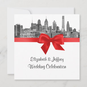 Invitación Philadelphia Skyline Etch BW Boda rojo