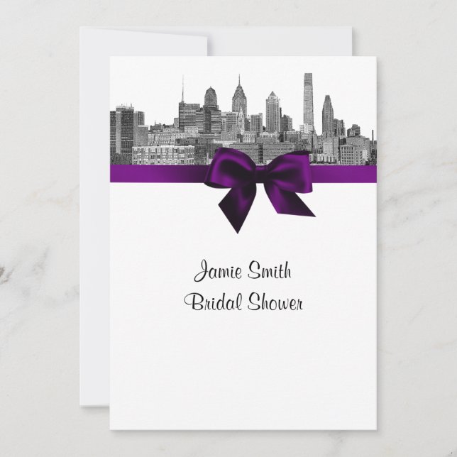 Invitación Philadelphia Skyline Etch BW Purpl V Bridal Shower (Anverso)
