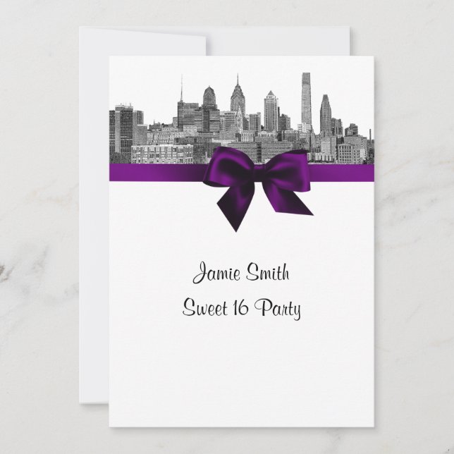 Invitación Philadelphia Skyline Etch BW Purpl V Sweet Diecisé (Anverso)