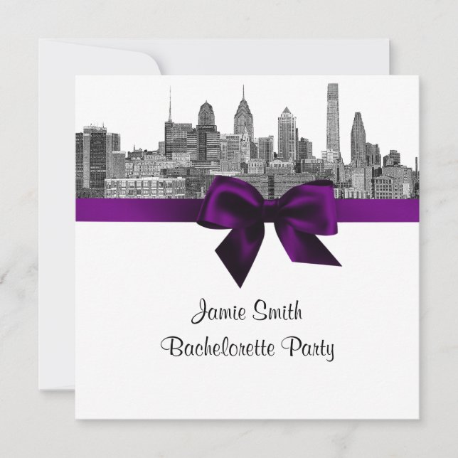 Invitación Philadelphia Skyline Etch BW Purple Bachelorette (Anverso)