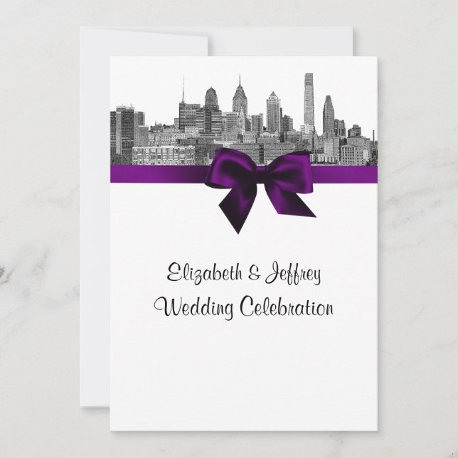 Invitación Philadelphia Skyline Etch BW Purple V Boda (Anverso)