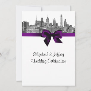 Invitación Philadelphia Skyline Etch BW Purple V Boda