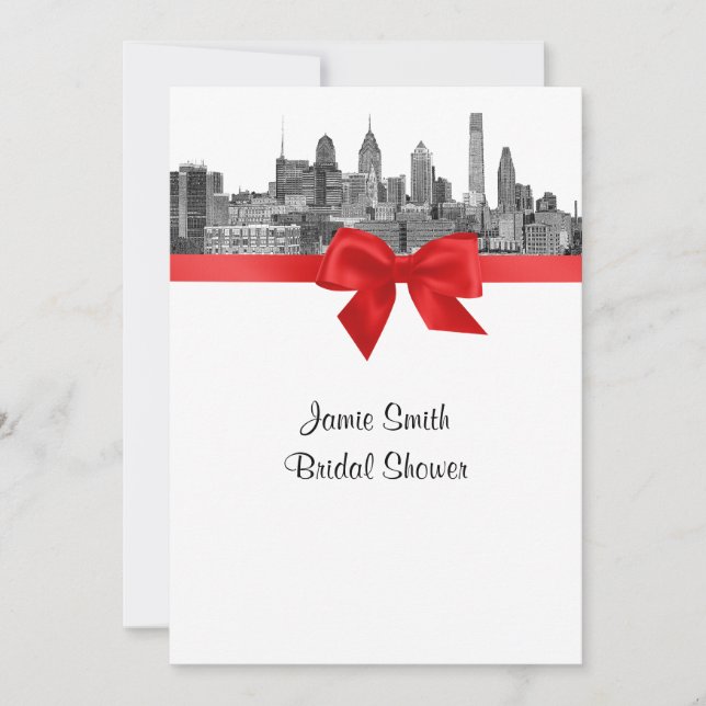 Invitación Philadelphia Skyline Etch BW Red V Bridal Shower (Anverso)
