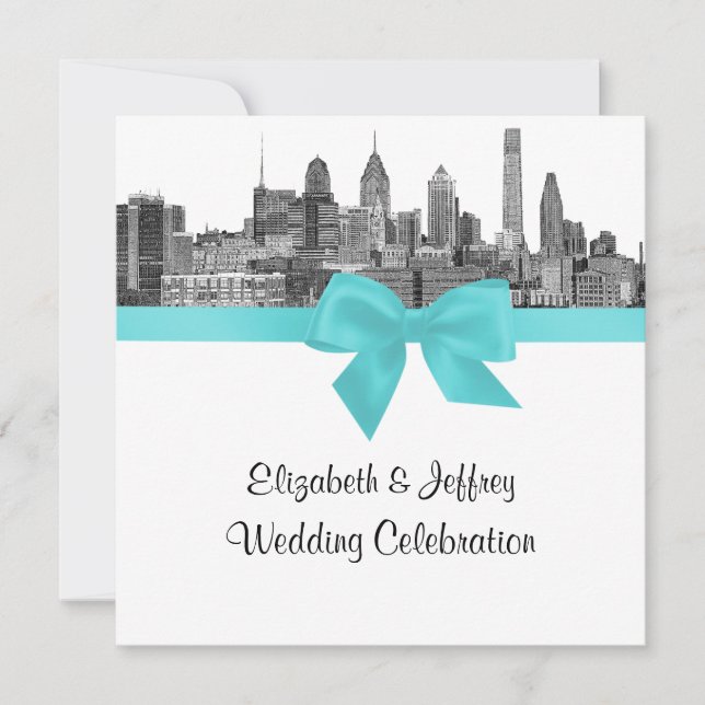 Invitación Philadelphia Skyline Etch BW Robin Egg Blu Boda (Anverso)
