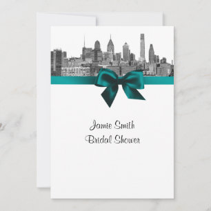 Invitación Philadelphia Skyline Etch BW Verde azulada V Brida