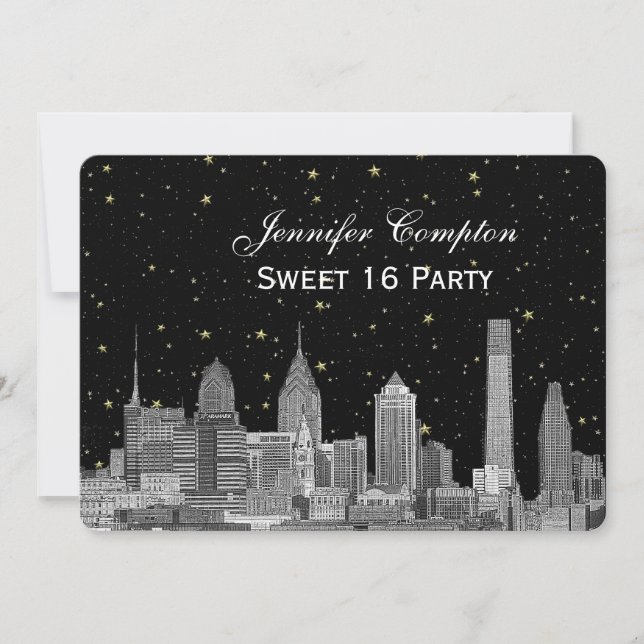 Invitación Philadelphia Skyline Etch Starry DIY BG Sweet 16 H (Anverso)