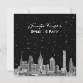 Invitación Philadelphia Skyline Etch Starry DIY SQ Sweet 16