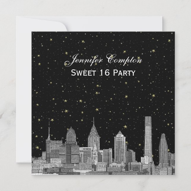 Invitación Philadelphia Skyline Etch Starry DIY SQ Sweet 16 (Anverso)