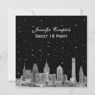 Invitación Philadelphia Skyline Etch Starry DIY SQ Sweet 16