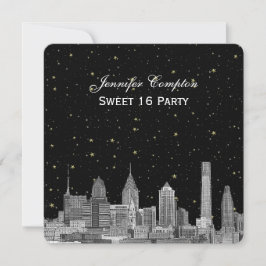 Invitación Philadelphia Skyline Etch Starry DIY SQ Sweet 16