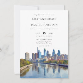 Invitación Philadelphia Skyline Watercolor QR Code Wedding