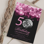Invitación Photo 50th Birthday Blush Pink Midnight Glam<br><div class="desc">An elegant "50th Birthday" party invitation design with personalized photo,  modern typography and a string lights background.</div>