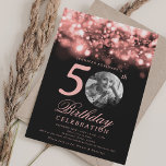Invitación Photo 50th Birthday Rose Gold Midnight Glam<br><div class="desc">An elegant "50th Birthday" party invitation design with personalized photo,  modern typography and a string lights background.</div>