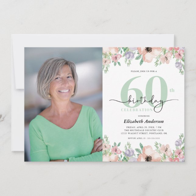 Invitación Photo 60th Birthday Party Pastel Floral  (Anverso)