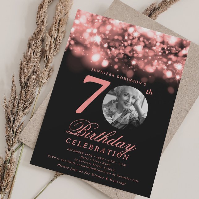 Invitación Photo 70th Birthday Rose Gold Midnight Glam  (Photo 70th Birthday Rose Gold Midnight Glam Invitation)