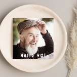 Invitación Photo 90th birthday party hello 90 guy black<br><div class="desc">Template for your own photo. On front:  White text overlay: Hello 90!  The text is written with a modern hand lettered style script.
Back: black background and white colored letters.  Templates for a name and party details.</div>
