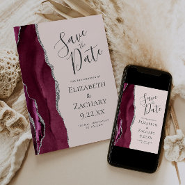 Invitación Photo Agate Burgundy Silver Blush Save the Date