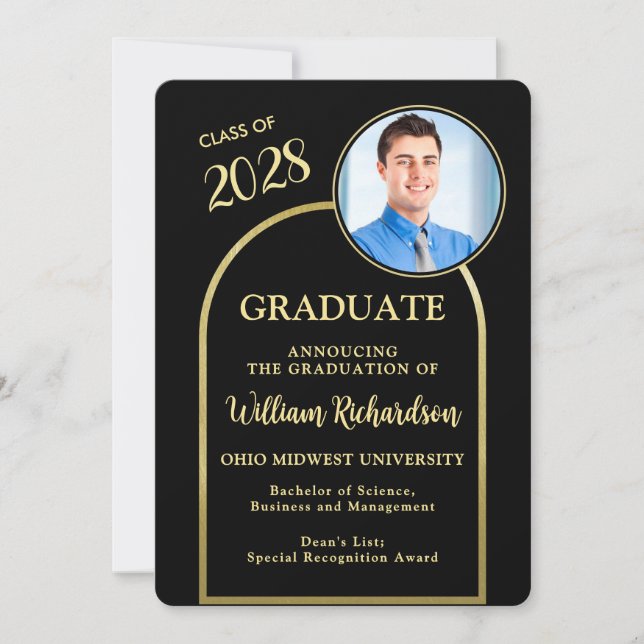Invitación Photo Arch Black Gold Graduation Announcement (Anverso)