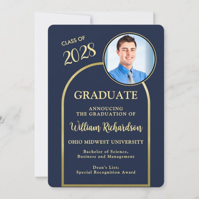 Invitación Photo Arch Navy Gold Graduation Announcement (Anverso)