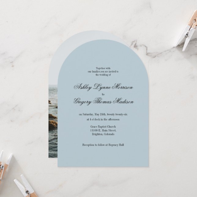 Invitación Photo Arch Shaped teal Wedding Invitation (Anverso/Reverso In Situ)