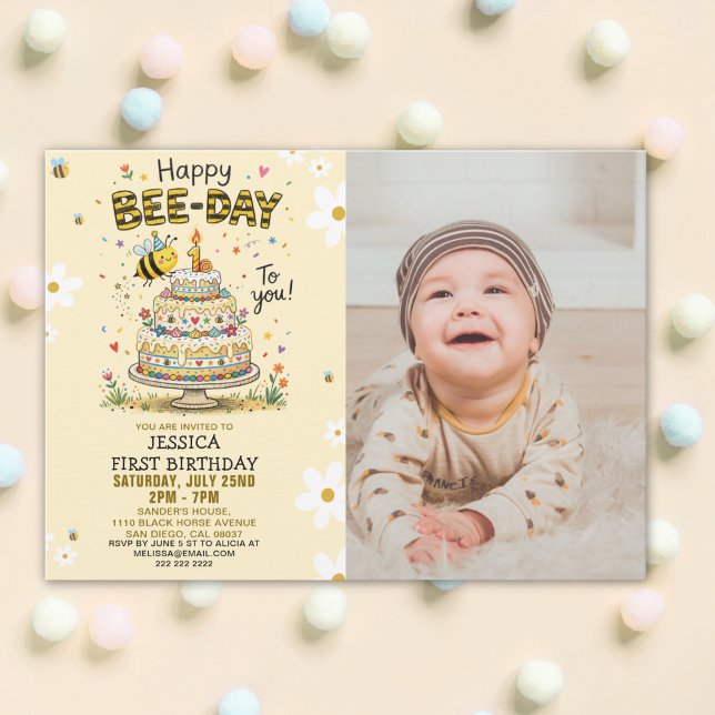 Invitación Photo Bee-Day 1st Birthday Invitation – Cute Bee (Subido por el creador)