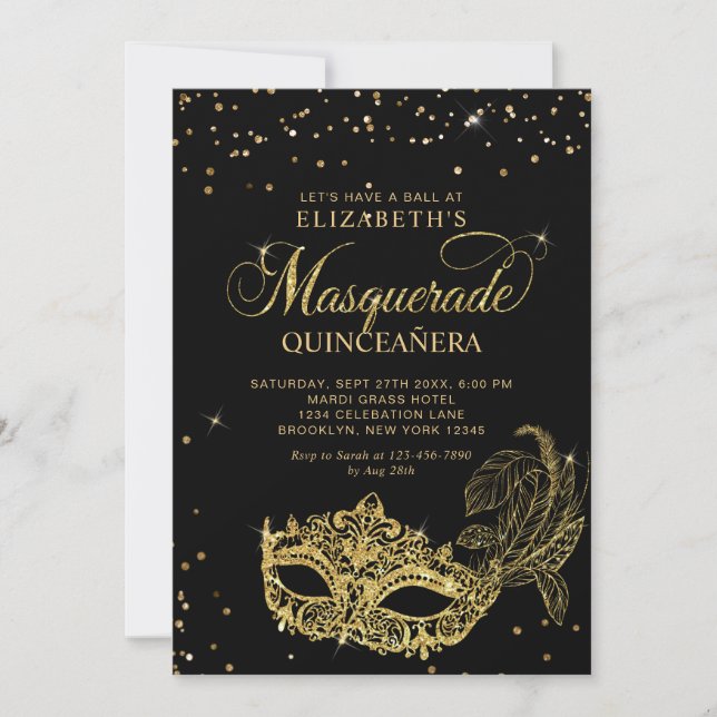 Invitación Photo Black Gold Glitter Masquerade Quinceañera (Anverso)