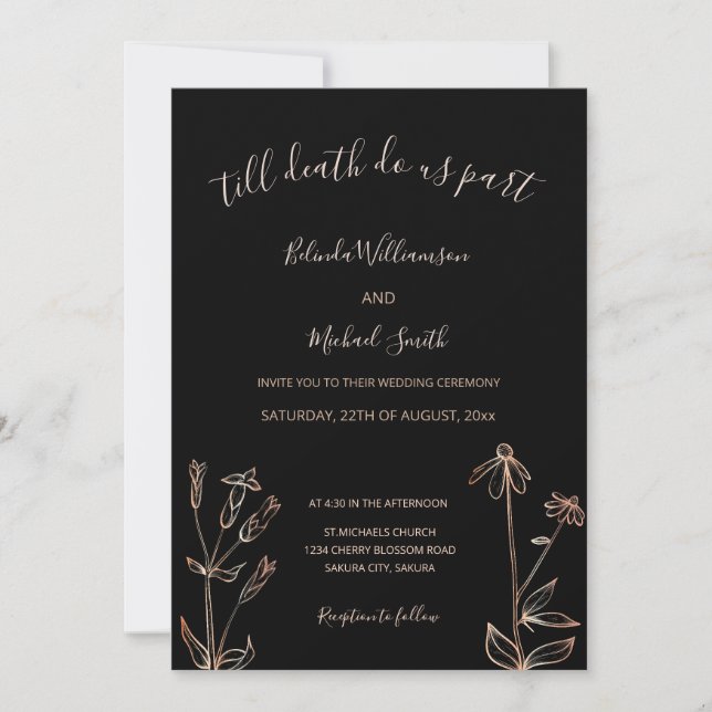 Invitación PHOTO | Black Rose Gold Wildflower | Goth Wedding  (Anverso)