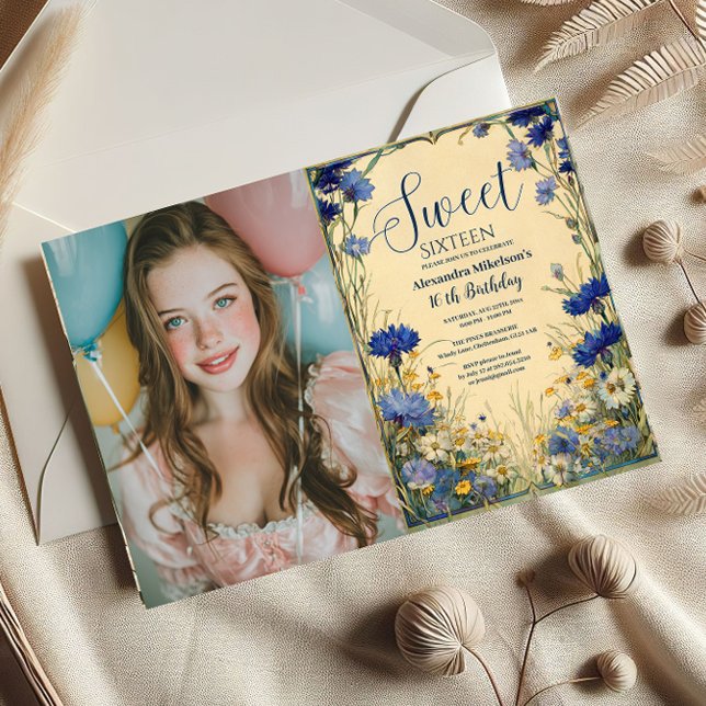 Invitación Photo Blue Cornflower Art Nouveau Sweet Sixteen (Subido por el creador)