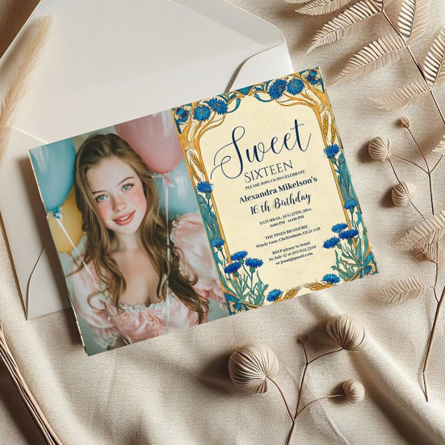 Invitación Photo Blue Cornflower Art Nouveau Sweet Sixteen (Subido por el creador)