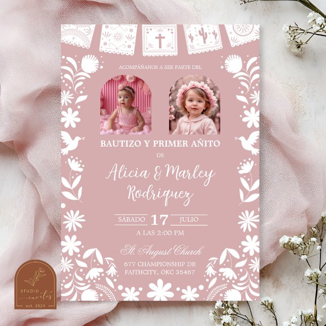 Invitación Photo Blush Pink Cielito Lindo Girl Twins Baptism (Subido por el creador)