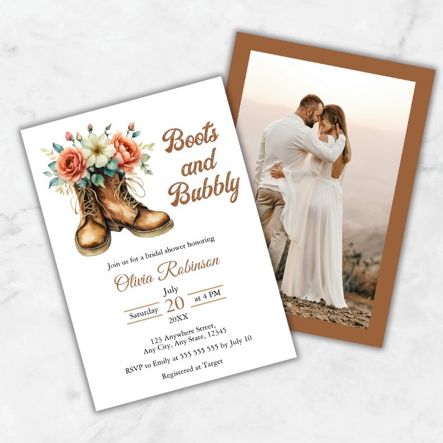 Invitación Photo Boots and Bubbly Western Bridal Shower (Photo Rustic Boots and Bubbly Western Bridal Shower Invitation   )
