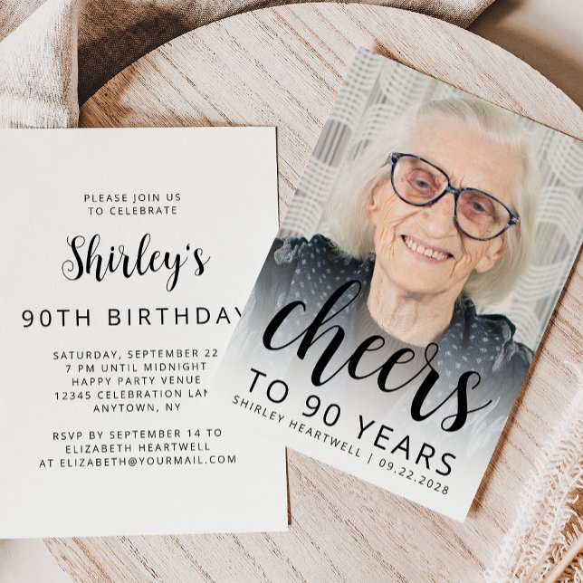 Invitación Photo Cheers Black Script 90th Birthday Party (Subido por el creador)