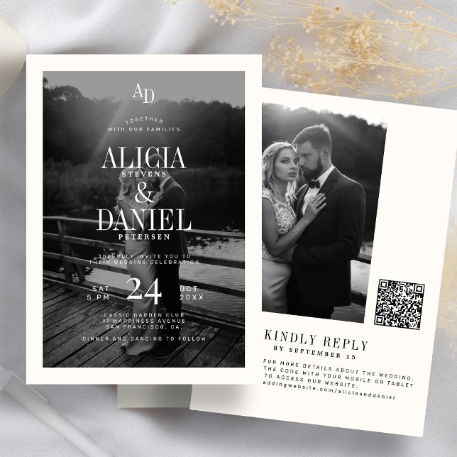 Invitación Photo classic black and ivory QR code RSVP wedding (Subido por el creador)