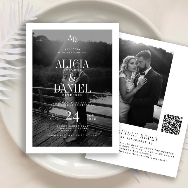 Invitación Photo classic black and white QR code RSVP wedding (Subido por el creador)