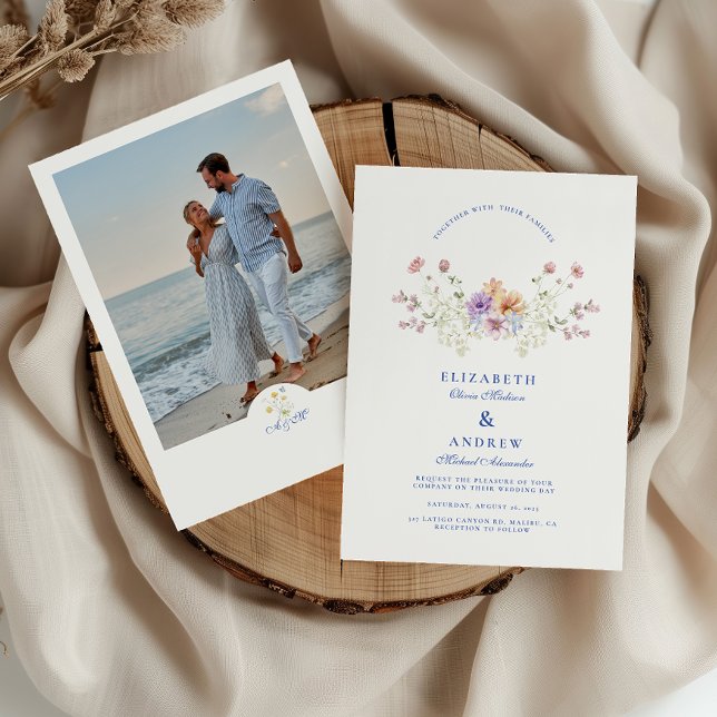 Invitación Photo Dusty Blue Crest Floral Wedding (Subido por el creador)