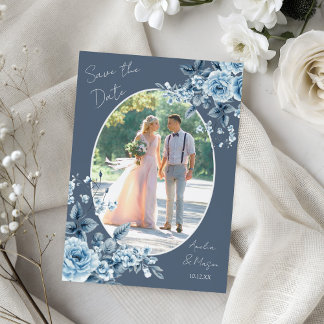 Invitación Photo Dusty Blue Script Floral Save the Date Card