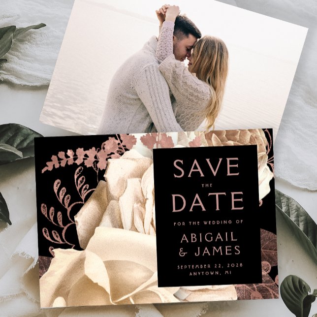 Invitación Photo Floral Ivory Rose Gold Save the Date (Subido por el creador)