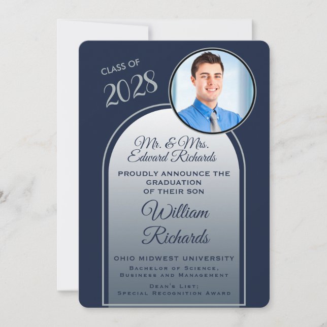 Invitación Photo From Parents Navy Blue and Silver (Anverso)