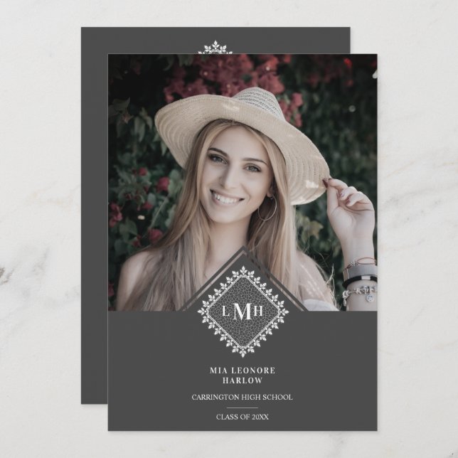 Invitación Photo Graduation Party Chic Initial Lace Romantic  (Anverso / Reverso)