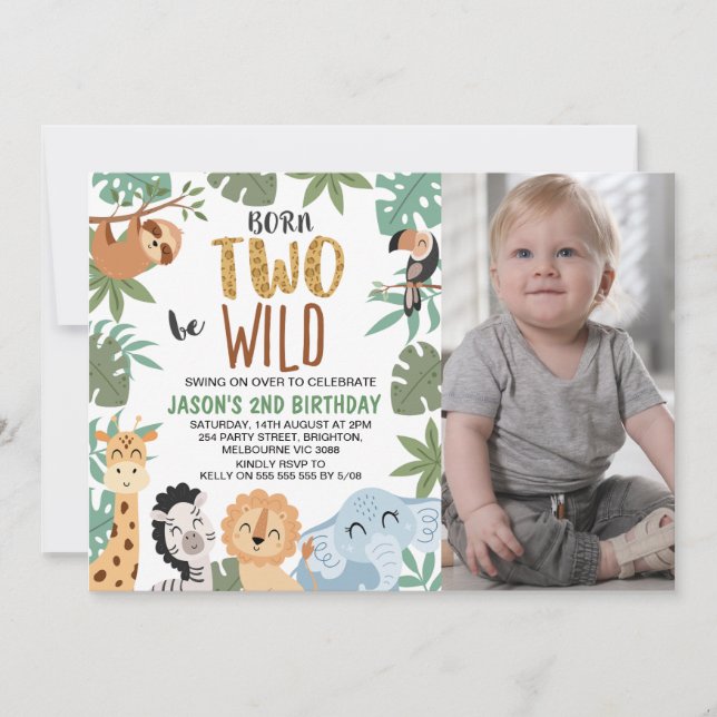 Invitación Photo Green Brown Born Two Be Wild 2nd Birthday (Anverso)