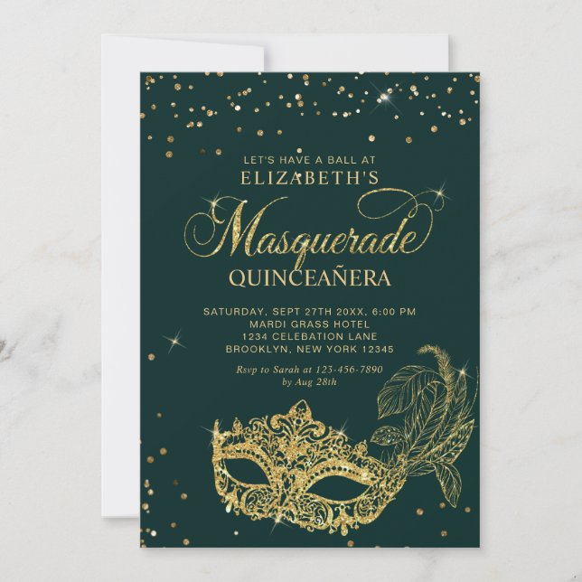 Invitación Photo Green Gold Glitter Masquerade Quinceañera (Anverso)