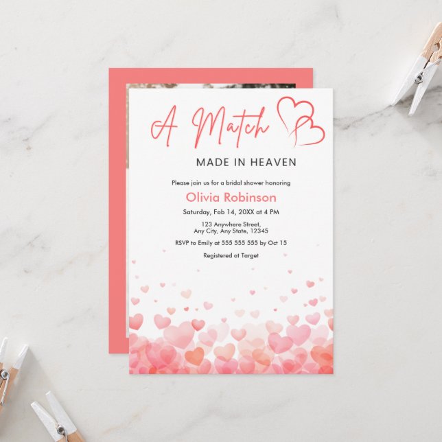 Invitación Photo Hearts A Match Made in Heaven Bridal Shower  (Anverso/Reverso In Situ)