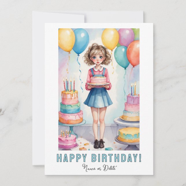 Invitación *PHOTO NAME Birthday Card Girl Cake (Anverso)