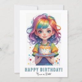 Invitación *PHOTO NAME Birthday Girl Cake Rainbow Red Hair