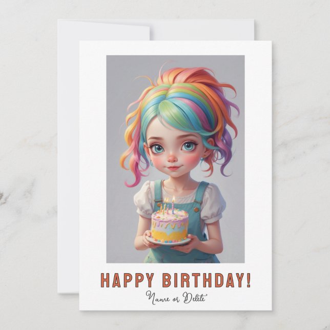 Invitación *PHOTO NAME Birthday Girl Cake Red Blue Hair (Anverso)