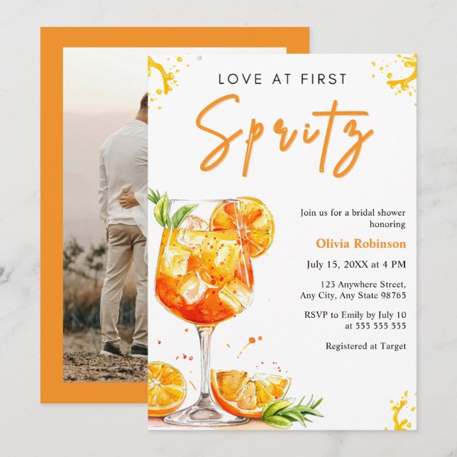 Invitación Photo Orange Love at First Spritz Bridal Shower (Anverso / Reverso)